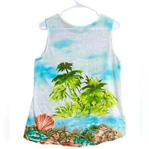 J Jill Tropical Palm Scene White Love Linen Tank Top Shirt 4X